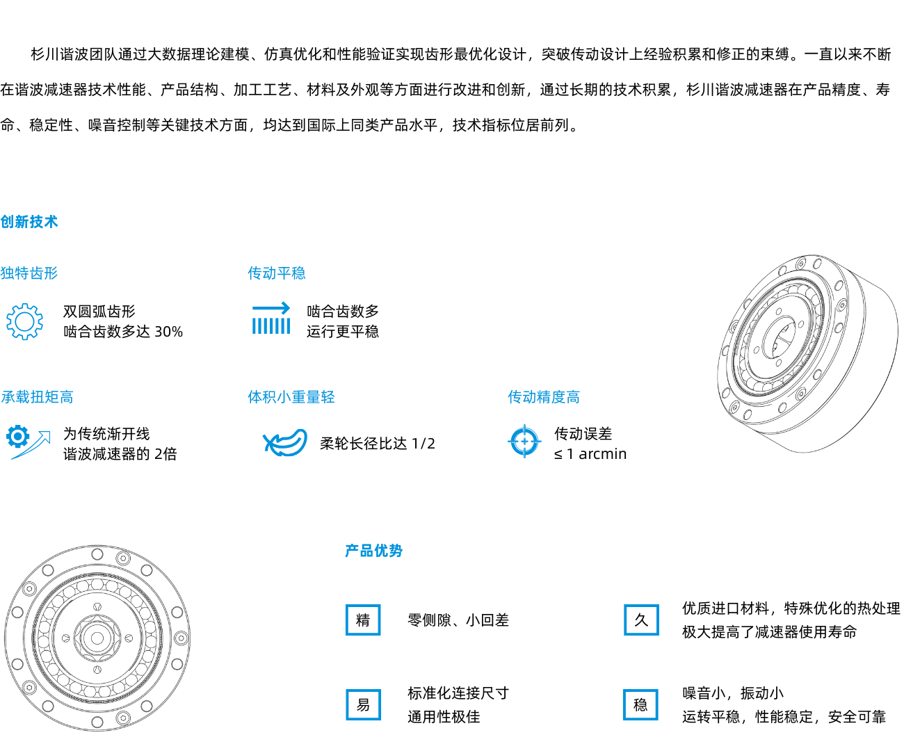 杉川谐波团队通过大数据理论建模、仿真优化和性能验证实现齿形最优化设计，突破传动设计上经验积累和修正的束缚。一直以来不断在谐波减速器技术性能、产品结构、加工工艺、材料及外观等方面进行改进和创新，通过长期的技术积累，杉川谐波减速器在产品精度、寿命、稳定性、噪音控制等关键技术方面，均达到国际上同类产品水平，技术指标位居前列。.png